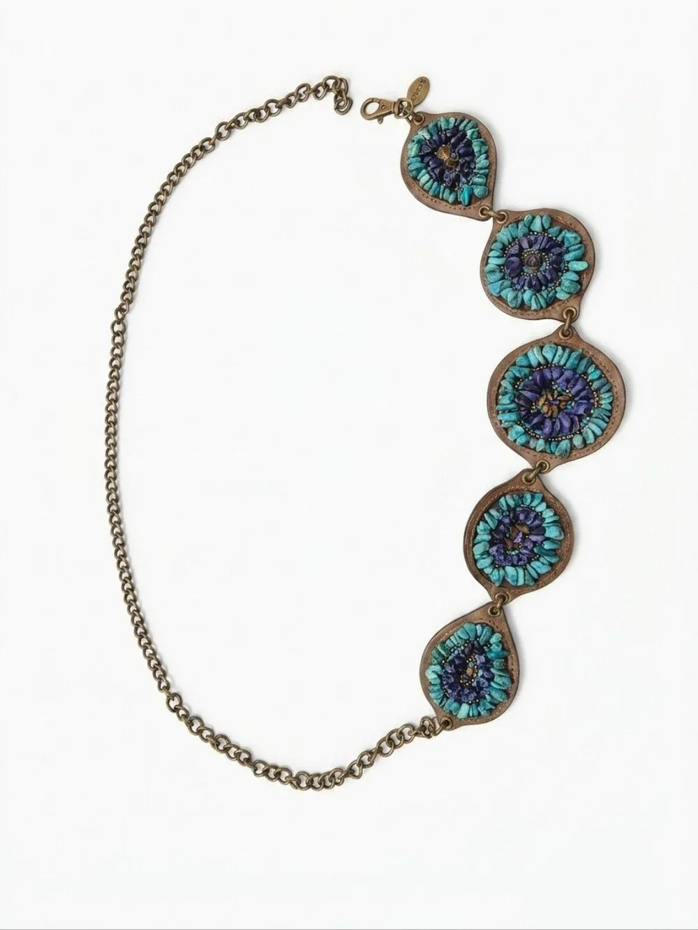 Chico’s Statement Chain Belt Turquoise Blue Beaded Medallion Boho Southwestern